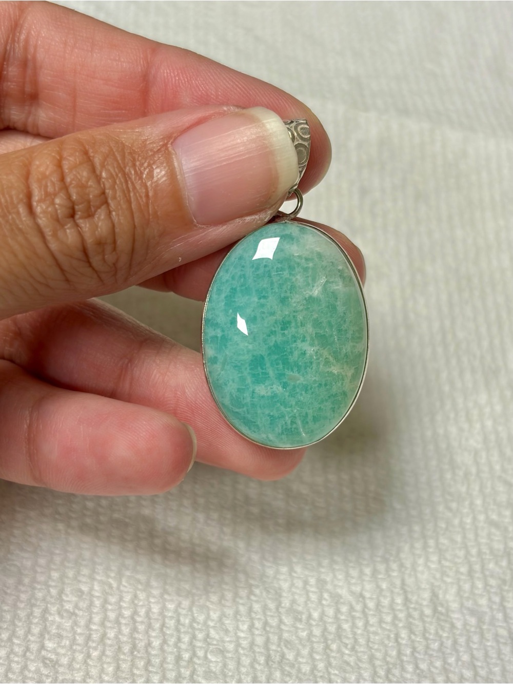 Handcrafted Oval Amazonite Pendant in Aqua Green - Sterling Setting